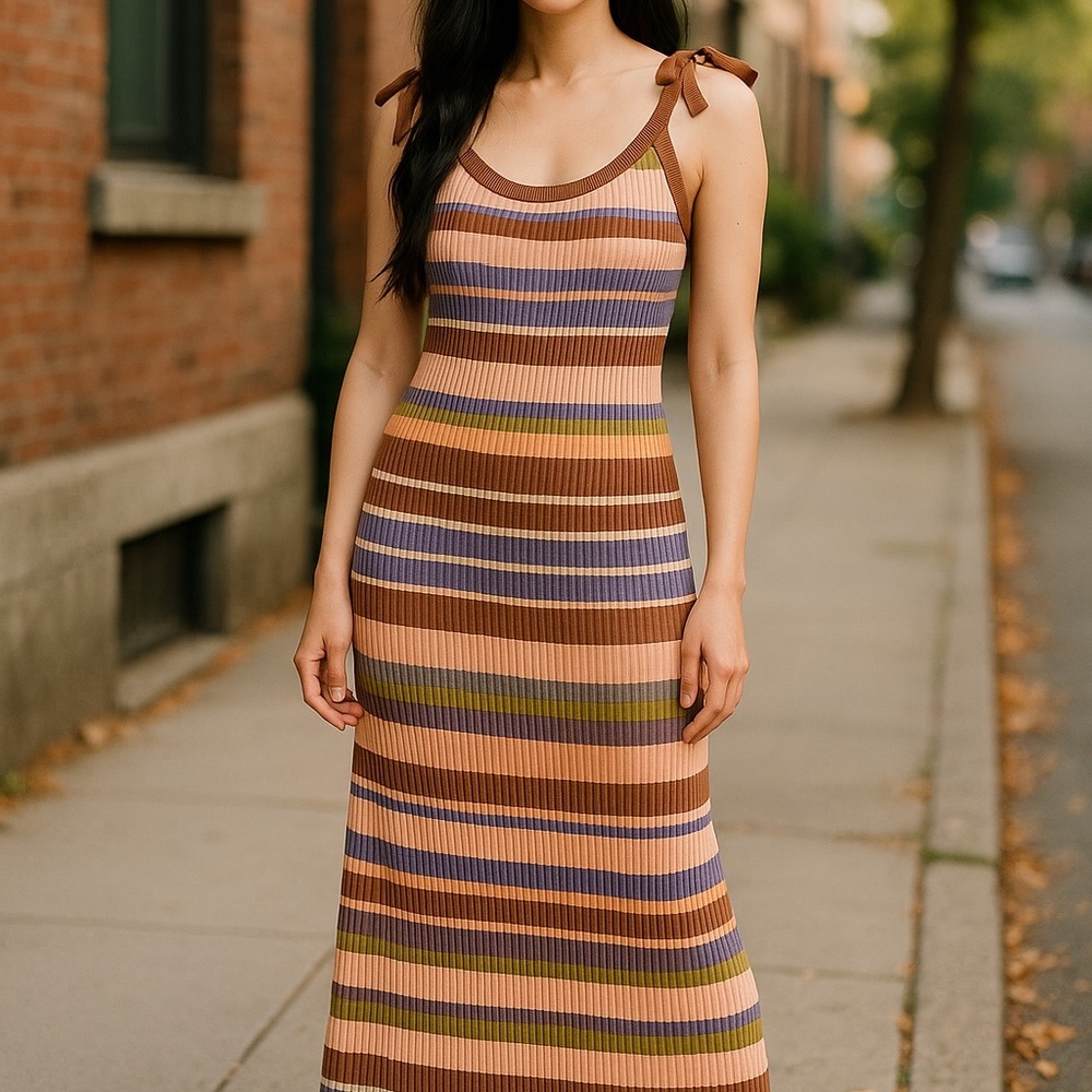 Mable Striped Rib-Knit Maxi Dress with Tie Shoulders - Brown Multi